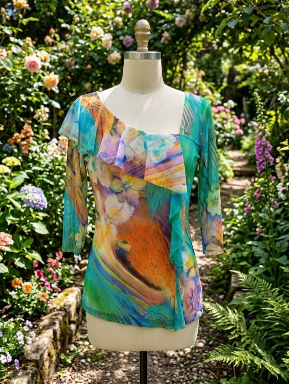Y2K Women’s Multicolor Floral Asymmetrical Ruffle Top--XS